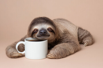 Obraz premium Adorable sloth enjoying a relaxing coffee break, perfect for promoting slow living, mindfulness, or a fun, quirky start to the day