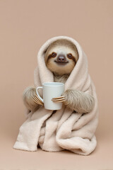 Obraz premium Adorable sloth wrapped in cozy towel enjoys a warm drink bringing smiles and relaxation to brighten your day, perfect for whimsical designs