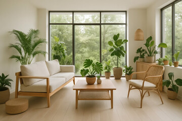 A cozy, modern living room filled with greenery. Large windows offer a peaceful view of nature, while minimalist furniture and plants create a serene and eco-friendly atmosphere
