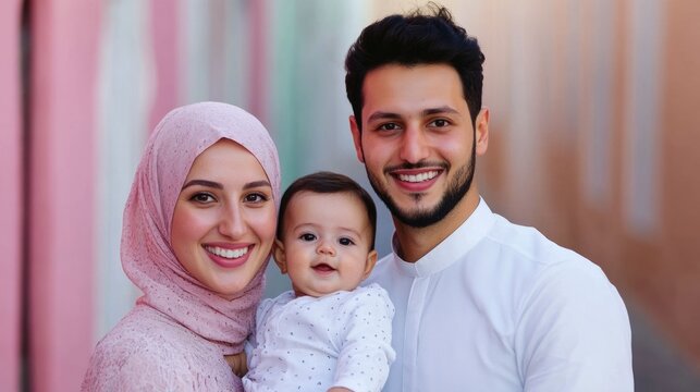 A heartwarming portrait of Muslim parents tenderly holding and embracing their newborn baby with profound love and joy  The family radiates warmth happiness