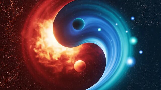 Abstract split-screen visual of a 'hot' red, turbulent environment and a 'cool' blue, calm environment in Yin-Yang balance.