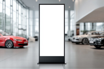 Vertical blank billboard mockup standing inside a modern car showroom with luxury vehicles in the background — ideal for showcasing automotive promotions, branding, or advertising designs