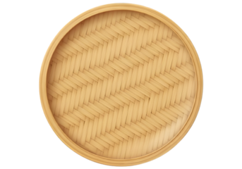 Bamboo woven tray isolated on transparent background, round shape, kitchenware