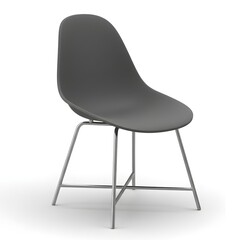 minimalist dining chair 3D render, curved plastic shell, metal base