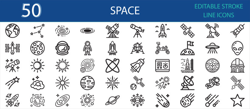 Editable line icon pack of space and astronomy concepts. Includes planets, rocket, astronaut, telescope, galaxy, satellite, UFO, solar system, orbit, meteor, and scientific exploration icons.