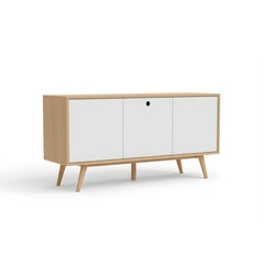Scandinavian sideboard 3D illustration, natural wood and white doors, sleek minimal style