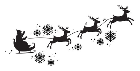 Naklejka premium Black silhouette of Santa Claus flying in a sleigh on a reindeer sleigh surrounded by snowflakes. Illustration on a transparent background