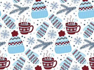 Seamless pattern with steaming cup of hot cocoa, knitted hat, warm mittens, snowflakes and fir branches
