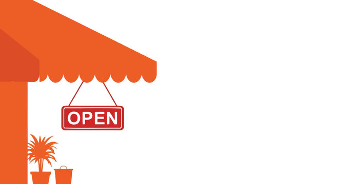 A bright orange awning over a storefront with a red open sign hanging and potted plants outside