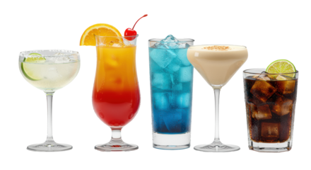 Five distinct, hyper-realistic cocktails in pristine, custom glassware showing condensation and ice, aligned on a transparent background. Concept for professional beverage menu promotion