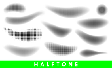 Vector round halftone gradient textures. Set of halftone dots pattern. Dotted spots in circle silhuettes on white background.