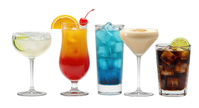 Five distinct, hyper-realistic cocktails in pristine, custom glassware showing condensation and ice, aligned on a transparent background. Concept for professional beverage menu promotion