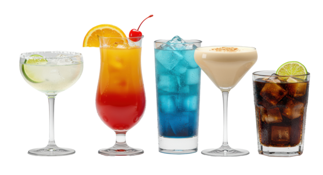 Five distinct, hyper-realistic cocktails in pristine, custom glassware showing condensation and ice, aligned on a transparent background. Concept for professional beverage menu promotion