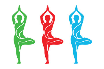 Fototapeta premium Three stylized figures in a yoga tree pose are depicted in green, red, and blue against a white background, representing balance and wellness.