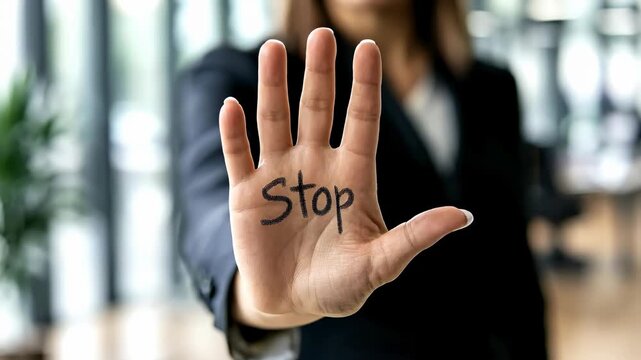 Protective stance: a woman in office with her arm outstretched holding says stop, symbolizing resistance, boundaries, and awareness, addressing the concept of harassment at work with determination.