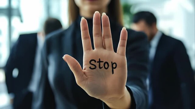 Protective stance: a woman in office with her arm outstretched holding says stop, symbolizing resistance, boundaries, and awareness, addressing the concept of harassment at work with determination.