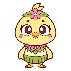 Obraz premium Cute cartoon yellow chick character, adorned with vibrant flower lei and grass skirt, embodying a cheerful tropical summer vacation spirit, perfect for children's content