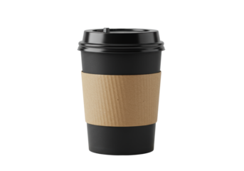 Pristine, matte black takeaway coffee cup featuring a glossy black lid and rough brown cardboard sleeve, isolated on a transparent background with soft shadow, minimal advertisement concept for