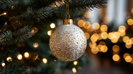 Close-up of a glittering Christmas ornament hanging on a decorated tree branch with warm festive lights in the background