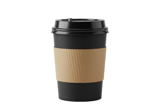 Pristine, matte black takeaway coffee cup featuring a glossy black lid and rough brown cardboard sleeve, isolated on a transparent background with soft shadow, minimal advertisement concept for