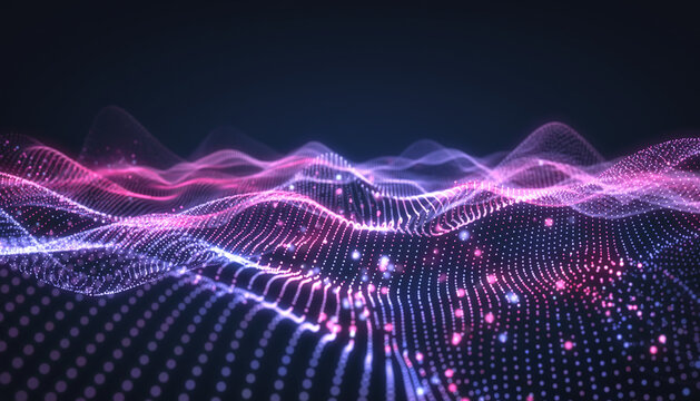 Dot blue purple wave line light gradient dark background. Abstract technology big data digital background. 3d rendering.
