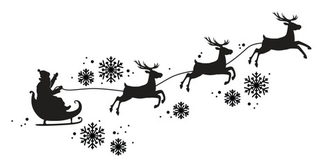 Black silhouette of Santa Claus flying in a sleigh on a reindeer sleigh surrounded by snowflakes. Vector illustration isolated on a white background © tiena