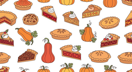 Seamless pattern with pumpkins and pies