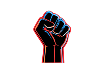 Neon Fist Raised in Red and Blue Light on Transparent Background Symbol of Power and Resistance