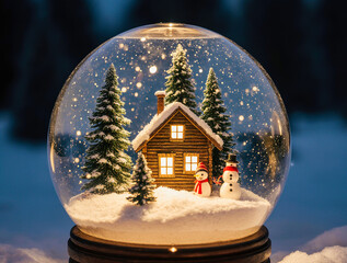 Cozy winter cabin snow globe with twinkling lights and snowman