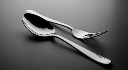 Elegant Silverware Set - A Close-Up of a Spoon and Fork on a Dark Background.