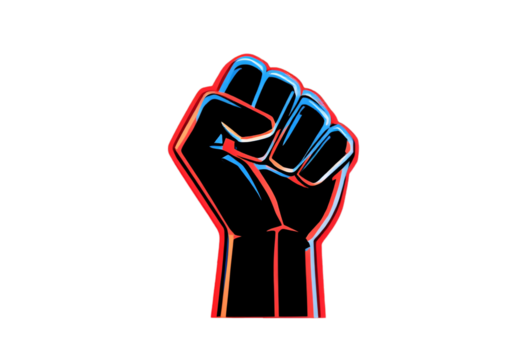 Neon Fist Raised in Red and Blue Light on Transparent Background Symbol of Power and Resistance