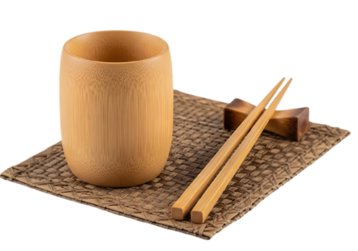 Wooden cup with chopsticks on a mat isolated on transparent background