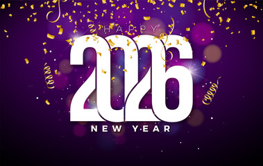 2026 Happy New Year Greeting Card Design with Typography Lettering and Christmas Ball on Falling Confetti Background. Holiday Illustration with Christmas Ornaments for Calendar, Flyer, Banner