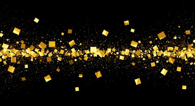 Explosion of golden square confetti against a stark black background, symbolizing success, wealth, and vibrant celebration