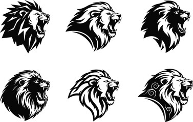Roaring lion head vector set with stylized manes, tribal design elements, bold lines, perfect for tattoos, branding, graphic art