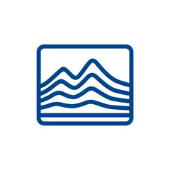Mountain Topography Logo Icon.
A minimalist blue line art logo with wavy contour lines in a rectangle, symbolizing mountains and natural landscapes.