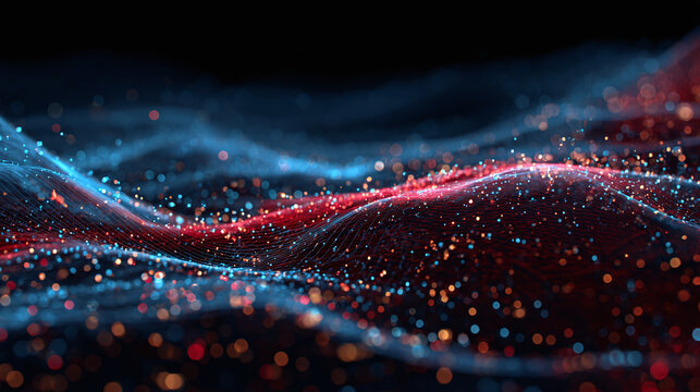 A digital abstract artwork of dynamic red and blue waves with floating particles, representing technology and data flow. It evokes a sense of futuristic and complex information