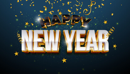 Happy New Year Greeting Card Illustration with Gold Framed 3D Typography Lettering, Falling Confetti and Christmas Star on Blue Background. Holiday Design with Christmas Ornaments for Calendar, Flyer