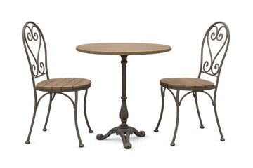 Fototapeta premium Bistro set with round wooden table and two vintage style wrought iron chairs. Outdoor cafe furniture cutout