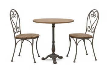 Bistro set with round wooden table and two vintage style wrought iron chairs. Outdoor cafe furniture cutout