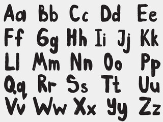 Hand drawn English alphabet in black color. Vector sketch illustration in vintage crayon charcoal style. Brush drawn grunge typography. Lowercase and uppercase letters