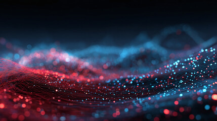 Abstract digital landscape with red and blue flowing particles, a mesmerizing and dynamic background. Captures the essence of data streams and technological innovation