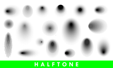 Vector round halftone gradient textures. Set of halftone dots pattern. Dotted spots in circle silhuettes on white background.