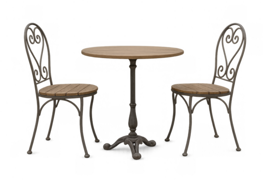 Bistro set with round wooden table and two vintage style wrought iron chairs. Outdoor cafe furniture cutout