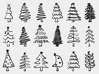 Hand drawn Christmas tree set. Vector sketch illustration in vintage crayon charcoal style. Festive trees with stars, ornaments, spirals, and abstract holiday designs. Christmas decorations