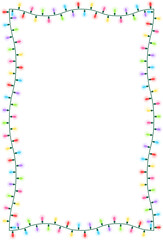 6色の電球でカラフルなクリスマスライト（String lights）のフレームイラスト。点灯しているバージョン。冬のイベントポスターや、クリスマスカードに最適。電線の細かい形状を再現している。