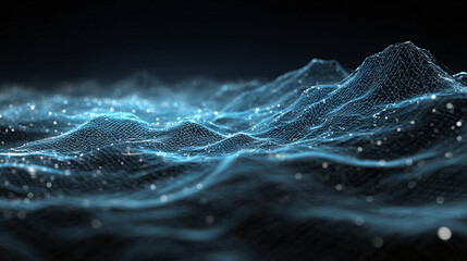 A digital rendering of blue mountains formed by numerous small glowing spheres, creating an ethereal and futuristic landscape. 