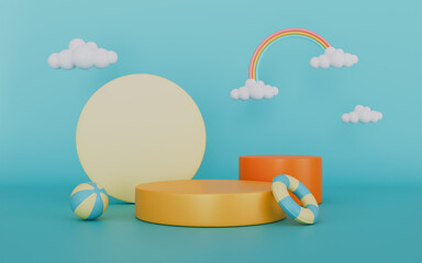 Colorful podium display with hot air balloon, clouds and rainbow, Summer vacation concept