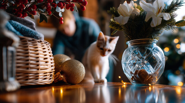 Anonymous figure adjusting seasonal decor with defocused body and clear cat reaching for treat visible, with copy space