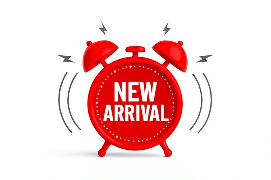 Bright red retro alarm clock with new arrival text and ringing sound waves on a white background - Powered by Adobe